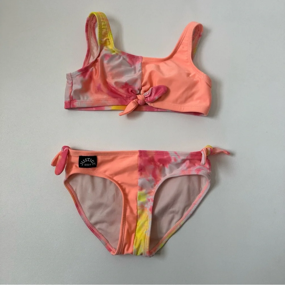 Justice Girls Tie Dye Two Piece Tie Knot Bathing Suit Padded Chest Size M/10